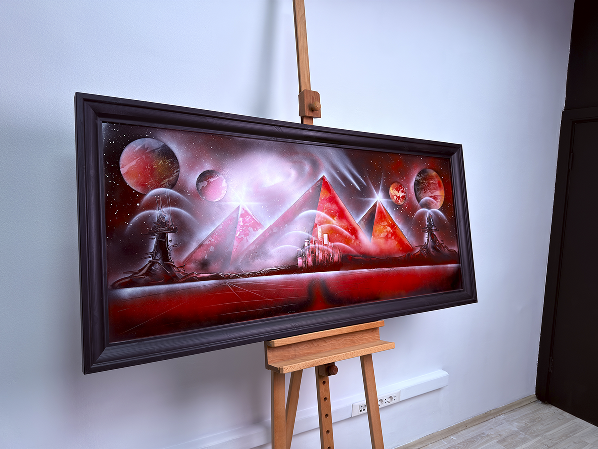 "Red Moon Pyramids" - Giant Mirror Spray Art