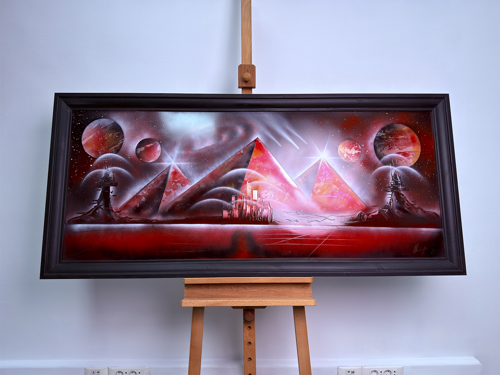 "Red Moon Pyramids" - Giant Mirror Spray Art