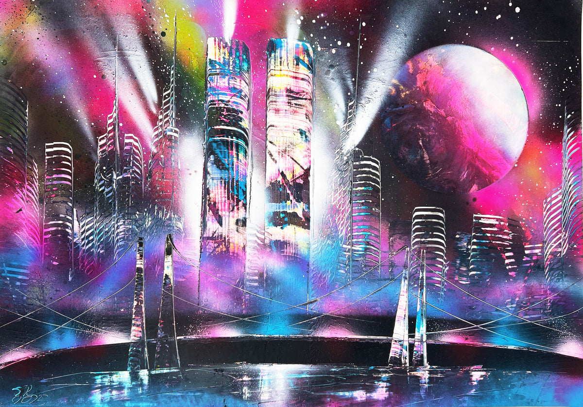 Neon City Dreams – Futuristic Urban Painting 50x70