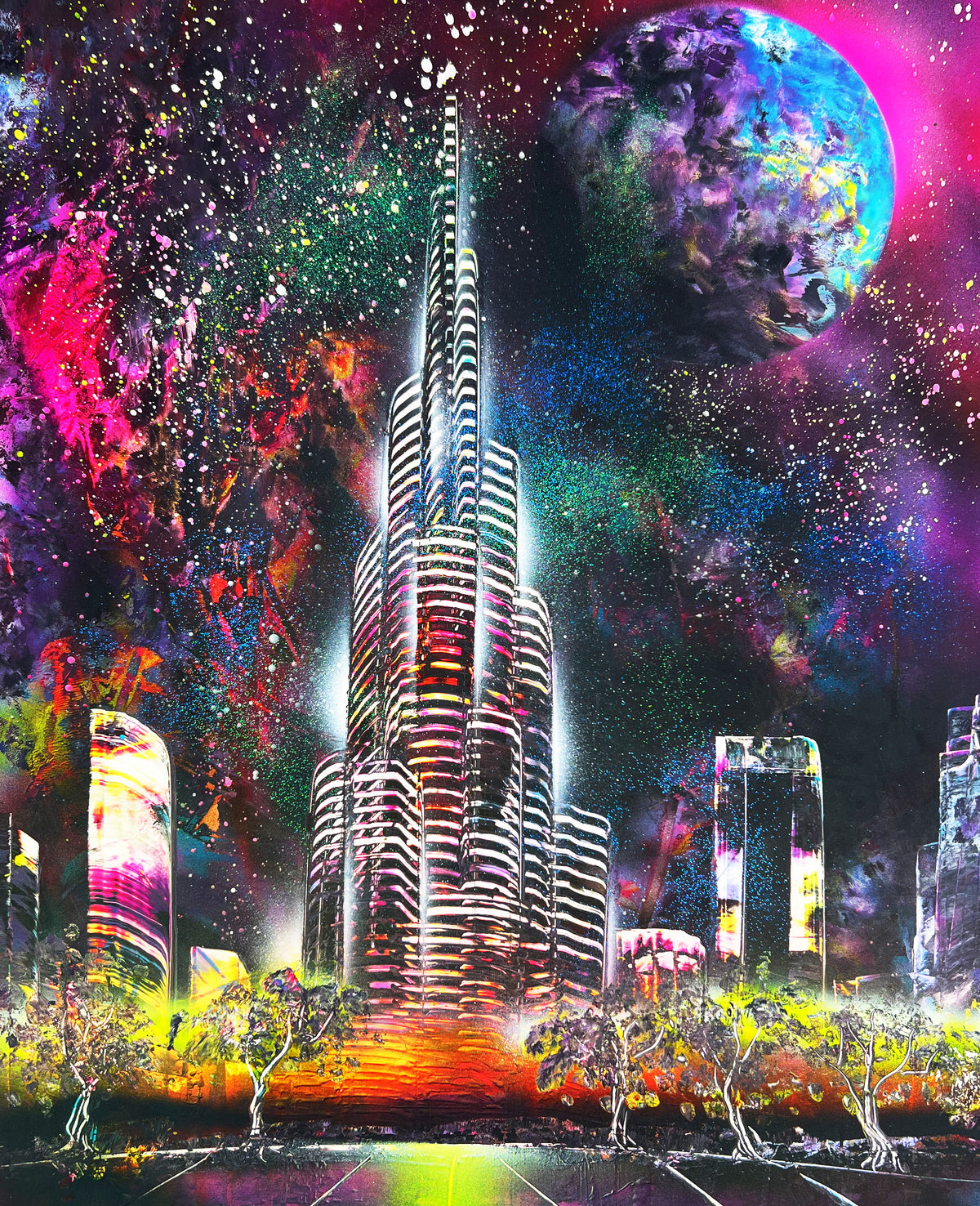 Celestial Tower – Futuristic Neon Skyscraper Painting 50x70